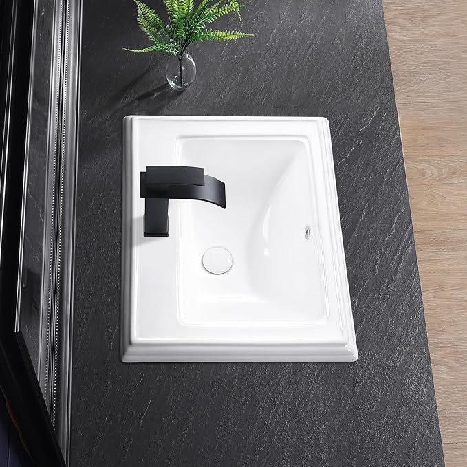 Semi Recessed Bathroom Sink 23"x18" Drop In Vessel Sink with Faucet Hole White Porcelain Ceramic Modern Rectangular Sinks Basin Vanity Sinks with Overflow for Bathrooms