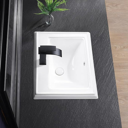 Semi Recessed Bathroom Sink 23"x18" Drop In Vessel Sink with Faucet Hole White Porcelain Ceramic Modern Rectangular Sinks Basin Vanity Sinks with Overflow for Bathrooms