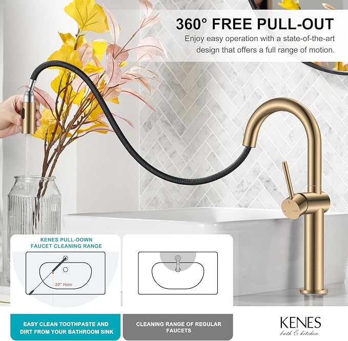 Champagne Bronze Pull Down Tall Vessel Sink Faucet 1 Hole 1 Handle | Vessel Bowl Faucet with Pop Up Drain & Supply Lines, Lead-Free cUPC & NSF Certified, 1 Hole Faucet for Vanity RV Restroom