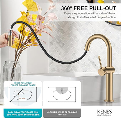 Champagne Bronze Pull Down Tall Vessel Sink Faucet 1 Hole 1 Handle | Vessel Bowl Faucet with Pop Up Drain & Supply Lines, Lead-Free cUPC & NSF Certified, 1 Hole Faucet for Vanity RV Restroom