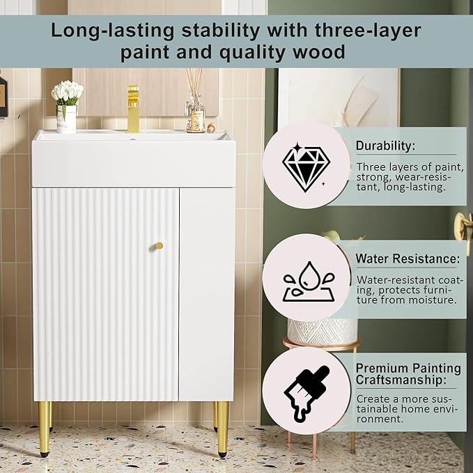 21.6 in Small Bathroom Vanity with Sink,Doors and Storage Shelves,Wood Modern Single Fluted Bathroom Sink Cabinet Freestanding (White,Right Shelf)