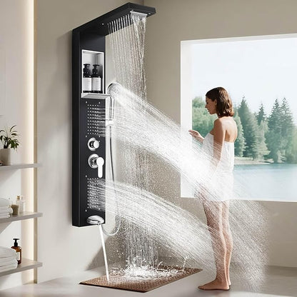 Shower Panel System, Multi-Function Shower Tower With 4 Body Spray, 5 Handheld Settings, Shelf & Adjustable Height, Rainfall + Waterfall Shower Head, Rain Massage Spa System