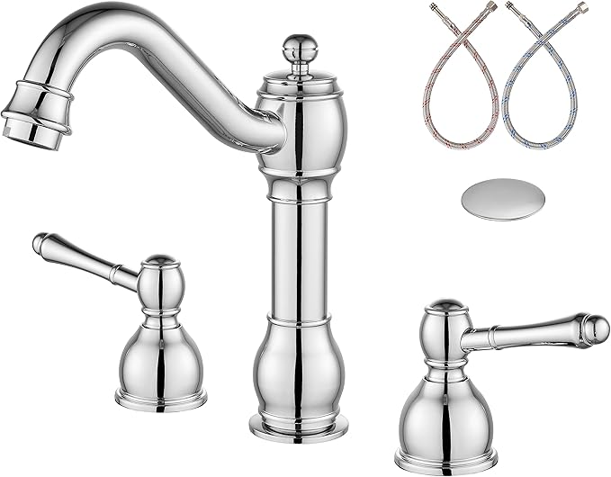 Aolemi 8 Inch Widespread Bathroom Sink Faucet 3 Hole Deck Mount Vanity Basin Mixer Tap with Pop Up Drain Assembly Polish Chrome Double Lever Handle