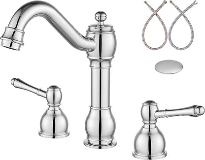 Aolemi 8 Inch Widespread Bathroom Sink Faucet 3 Hole Deck Mount Vanity Basin Mixer Tap with Pop Up Drain Assembly Polish Chrome Double Lever Handle