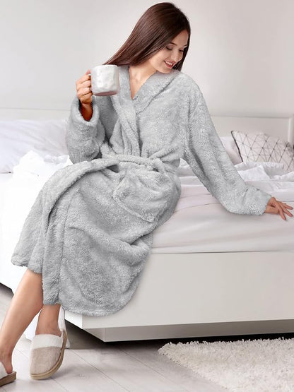 PAVILIA Premium Womens Plush Soft Robe, Fluffy Warm Fleece Sherpa Bathrobe | 260 GSM Shaggy Microfiber, Long Housecoat for Spa Shower Home College Dorm Lounging, Cozy Christmas Holiday Gift for Her