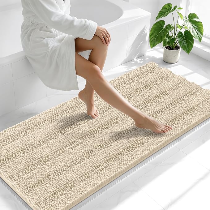 Smiry Thick Chenille Bathroom Runner Rugs 59x24, Absorbent Bath Mat, Sand | Quick‑Dry & Machine Washable, Non‑Slip Bath Carpet, Soft Striped Bath Rugs for Tub & Shower, Modern Home Decor Accessories