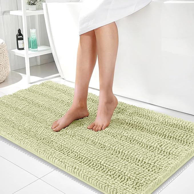 OLANLY Thick Bathroom Runner Rugs 44x24, Soft Chenille Bath Rugs, Vanilla | Absorbent Striped, Rubber Backing, Machine Wash, Long Bath Mats for Bathroom Floor, Tub and Shower, Home Decor Accessories