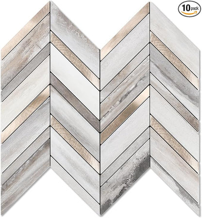 Yipscazo 10-Sheet Wood Grain Herringbone Peel and Stick Backsplash for Kitchen Walls,Heat Resistant PVC Mixed Metal Stick on Backsplash Tiles,Waterproof Peel and Stick Tile for Bathroom&Shower