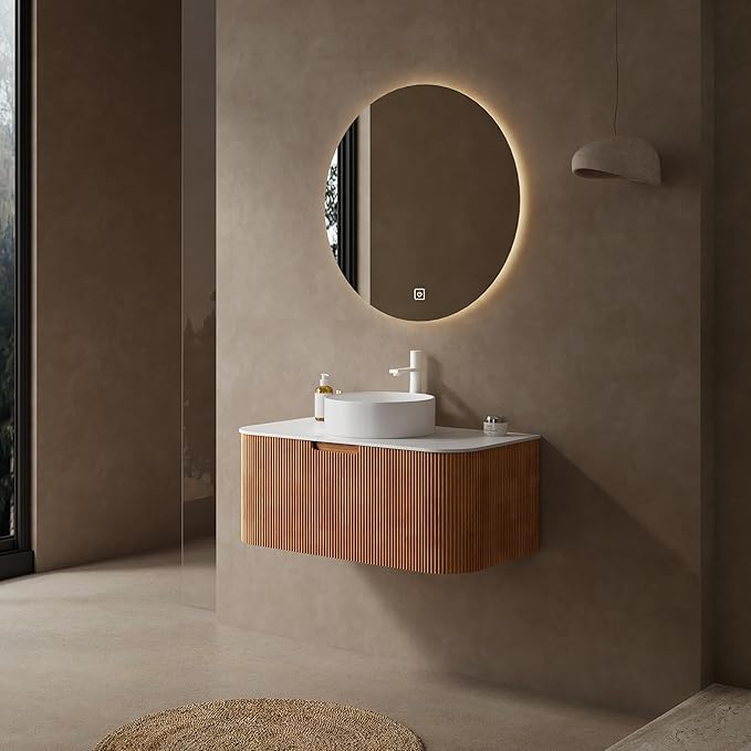 Yayzy 30" Floating Bathroom Vanity with Sink, Solid Wood Fluted Cabinet, White Round Ceramic Basin & Faux Marble Top, Soft-Close Drawer, Pre-Assembled, Natural Woodgrain