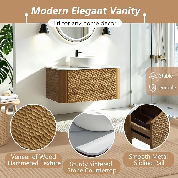 54 Inch Modern Bathroom Vanity with Ceramic Sink, Floating Bathroom Sink Cabinet with Sintered Stone Top&Solid Wood Hammered Frame, Single Bathroom Vanities w/Soft-Close Drawer&2 Side Open Cube