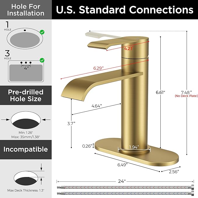 FORIOUS Brushed Gold Bathroom Faucet 1 Hole, Single Hole Gold Waterfall Faucet for Bathroom Sink with Deck Plate, Single Handle Vanity Tap Upgrade with Pop-up Drain and CUPC Hose for Rv, Lavatory