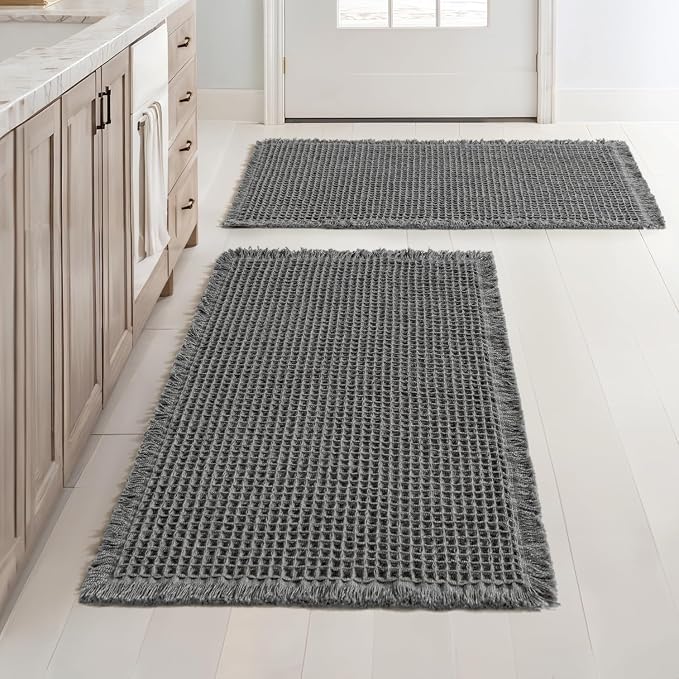 MIULEE Set of 2 Waffle Bathroom Rugs Boho Bath Mat Dark Grey 20x32 Inch | Non Slip, Super Absorbent, Washable, Ultra Soft, Rubber Backed Bath Rugs for Bathroom Floor Tub Shower