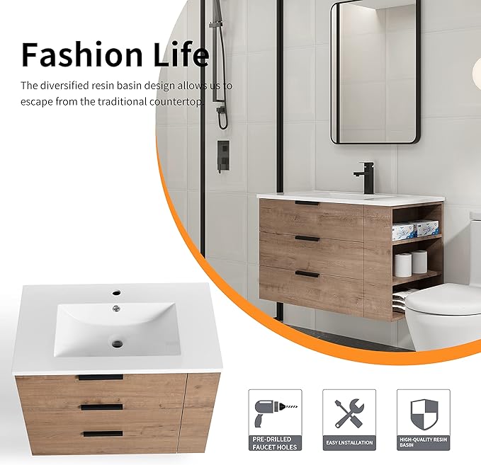 Bathroom Vanity with Sink 30 Inch, Single Sink Modern Bathroom Vanities Set, Wall-Mounted Bathroom Vanity, Floating Soft Close Door (IMO, 30 * 18)