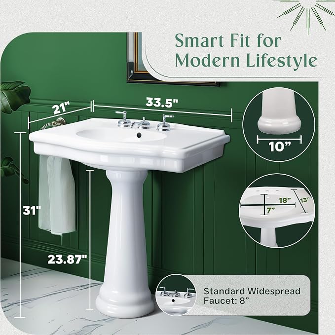 Renovators Supply Manufacturing Darbyshire 34"W x 22.5" D x 32" H Large Bathroom Pedestal Sink. Vitreous China with Overflow, 8 in. Widespread Faucet Holes