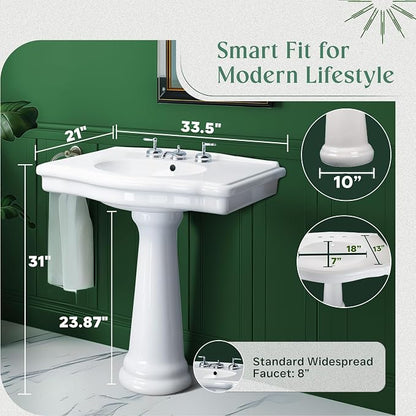 Renovators Supply Manufacturing Darbyshire 34"W x 22.5" D x 32" H Large Bathroom Pedestal Sink. Vitreous China with Overflow, 8 in. Widespread Faucet Holes