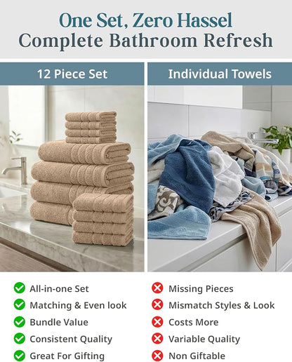 Casa Platino Bath Towel Set Quick Dry 100% Cotton 12 Piece Soft - Beige | Cotton Towels - Classic Terry Weave, Densely Woven, Coordinated Colors, Dobby Border Accent, OEKO-TEX Certified