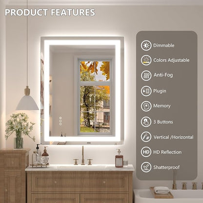 26x36 Inch LED Bathroom Mirror, Backlit and Front Lights | Dimmable Lighted Vanity Mirror for Wall, Anti-Fog, Memory, Shatter-Proof, ETL Listed (Horizontal/Vertical)