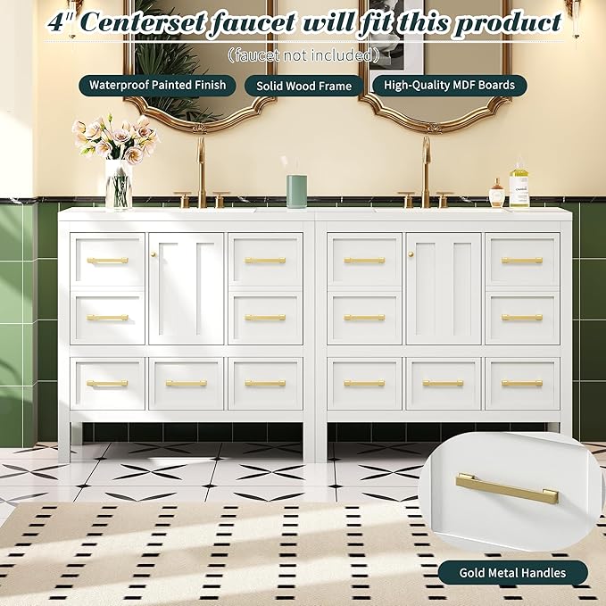 Merax 30 72 Inch White Bathroom Vanity with Double Sink,Modern Double Sink Vanity with 10 Drawers & 2 Spacious Cabinets,Soft Closing Doors with Gold Handles,Solid Wood Frame,Grid Front(2 * 36 Inch)