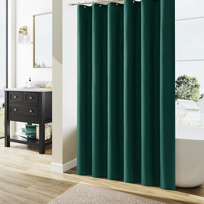 Dark Green Linen Shower Curtain, Country Boho Farmhouse Bath Decor Shower Curtains Neutral Cloth Weighted Textured Fabric Bath Curtain Liner with Hooks, 72x80