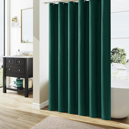 Dark Green Linen Shower Curtain, Country Boho Farmhouse Bath Decor Shower Curtains Neutral Cloth Weighted Textured Fabric Bath Curtain Liner with Hooks, 72x80