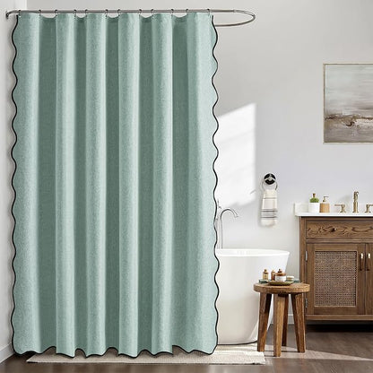 MIULEE Seafoam Green Scalloped Linen Shower Curtain 72x72 Inches | Linen Textured, Waterproof, Washable, 12 Metal Hooks, Heavy Duty Cloth, Black Border, Shower Curtain for Bathroom Bathtub