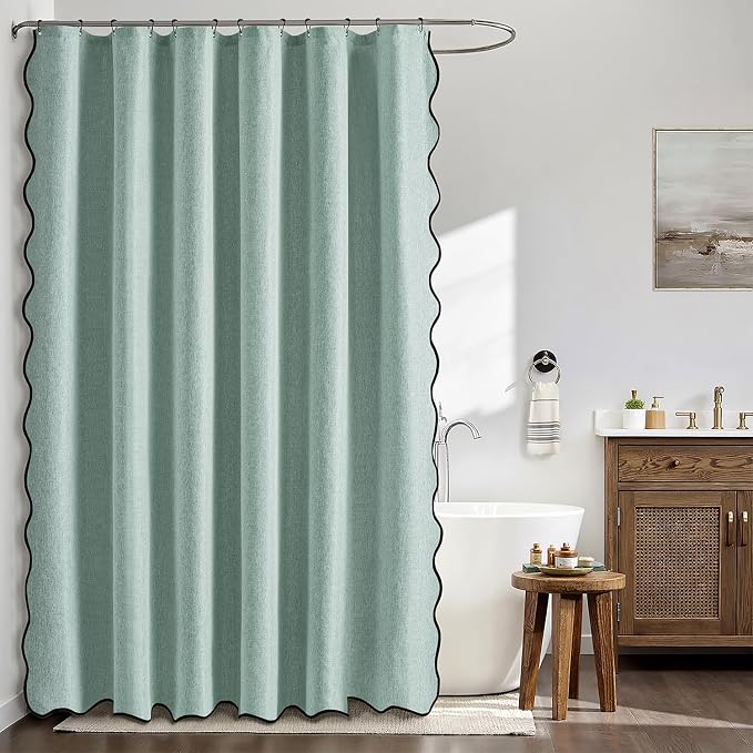 MIULEE 72"x84" Extra Long Scalloped Linen Shower Curtain Seafoam Green | Linen Textured, Waterproof, Washable, 12 Metal Hooks, Heavy Duty Cloth, Black Border, Shower Curtain for Bathroom Bathtub