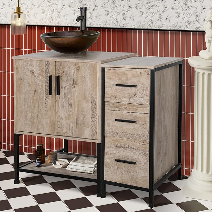UEV 36" Bathroom Vanity, Oak Color Bathroom Vanity Set with Sink and 3 Drawers Side Cabinet Combo, with Adjustable Water Temperature Faucet (A09)