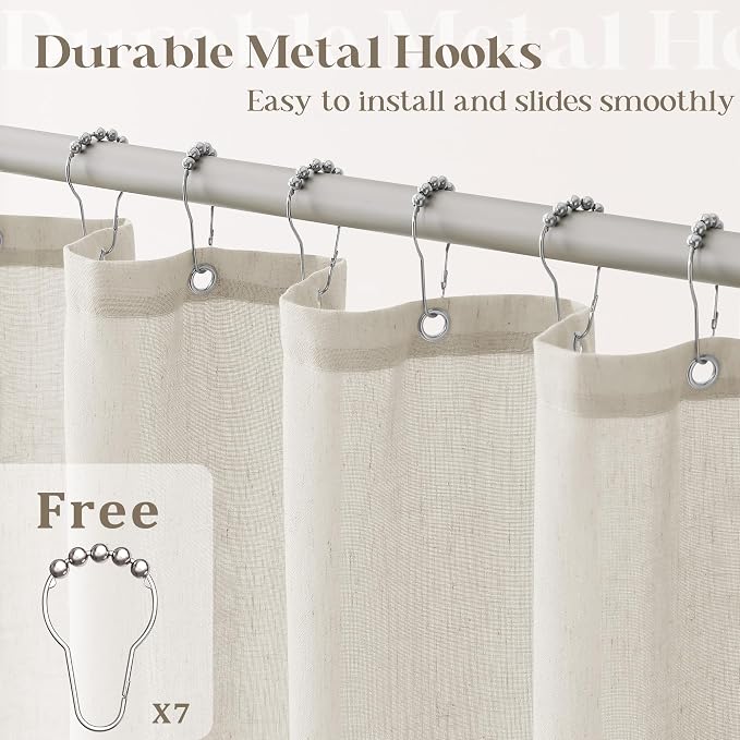 Oatmeal Linen Shower Curtain for Bathroom Water Repellent 36x72 Inch | Stall, Neutral Boho, Flax Linen Drapes, Cabin, Earth Tone Greyish Grey Beige, Bath Decor Drapes, with Hooks, 36 x 72 Inch