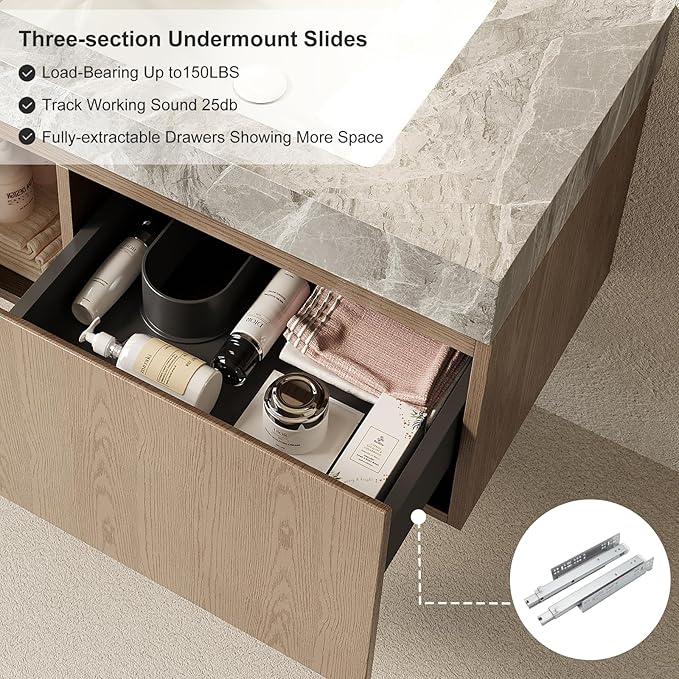 Ambrovina 30" Floating Bathroom Vanity with Sink, Modern Plywood Bathroom Storage Cabinet with Drawer and Door, Gray Sintered Stone Countertop and White Ceramic Basin, Pre-Assembled, Light Brown