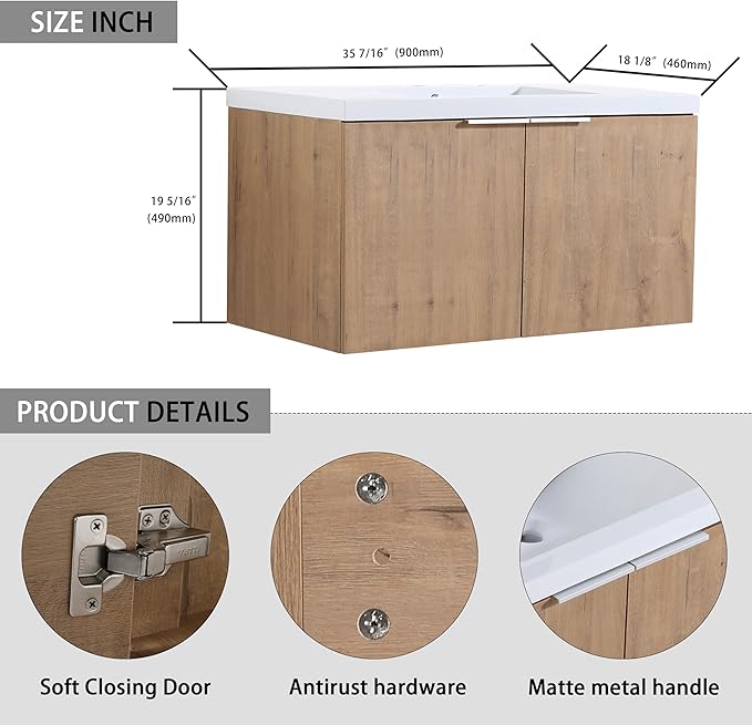 SSLine 36-Inch Single Bathroom Vanity Modern Wall Mounted Bathroom Vanity with Sink 36" Small Floating Bathroom Vanities Set with 2 Side Storage Cabinets,Brown White