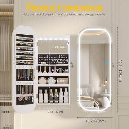 LVSOMT LED Mirror Jewelry Cabinet, Wall/Door Jewelry Organizer, 16"W, White | Lockable Jewelry Armoire with Full Length Mirror, 65 Ring and 108 Earring Slots, Foldable Shelf, Rounded Corner