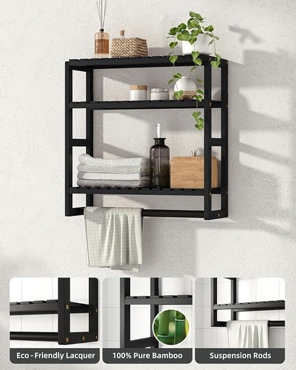 Galood Over The Toilet Storage Bathroom Shelves Wall Mounted 3 Tier Black-L | Space Saver Corner Shelf Organizer Bamboo Towel Rack Toilet Paper Cabinet with Hanging Rod