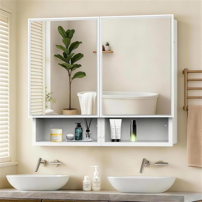 32x26 Inch Medicine Cabinet with Mirror, Bathroom Mirror Cabinet with Double Doors, Extra Storage Space, Bevel Mirror Wall Cabinet, Recessed or Surface Mount