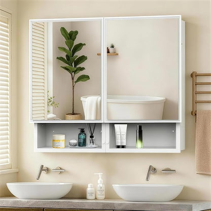 32x26 Inch Medicine Cabinet with Mirror, Bathroom Mirror Cabinet with Double Doors, Extra Storage Space, Bevel Mirror Wall Cabinet, Recessed or Surface Mount