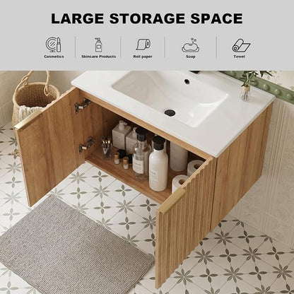 72 Inch Floating Bathroom Vanity with Double Sink, Bathroom Double Sink Cabinet with Soft Close Door Waterproof Storage, Wood Color