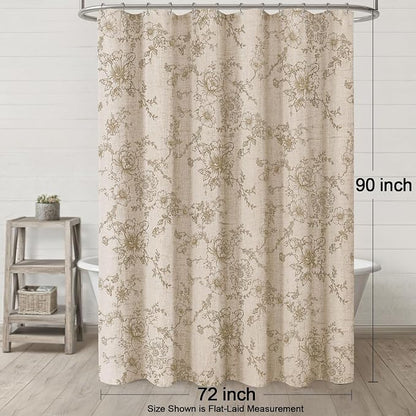 Farmhouse Vintage Linen Shower Curtain for Bathroom, Beige Floral | 72" W x 90" L, Elegant Boho Pattern Bath Curtain Linen Fabric