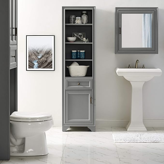 Crosley Furniture Tara Linen Storage Cabinet and Bathroom Organizer with a Drawer and Shelves, Vintage Gray