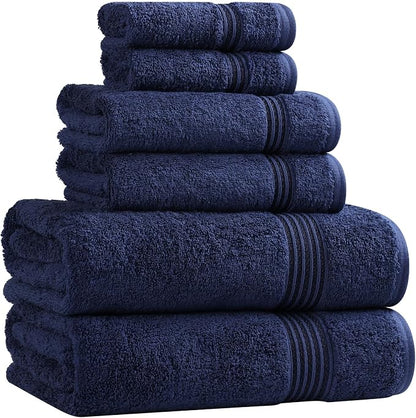 Superior Egyptian Cotton 6-Piece Towel Set, Assorted Towels for Home Bathroom, Master, Guest Bath, Decor Essentials, Includes 2 Bath, 2 Hand, 2 Face Towels/Washcloths, Quick Dry, Absorbent, Navy Blue