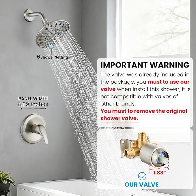 gotonovo Shower Faucet Set with Valve 6 Mode Rain Head Brushed Nickel | Bathroom Shower Head and Handle Set Complete Combo,6 Mode Multi 6’’ ABS Rainfall Showerhead,Brass Valve Trim Kit,Wall Mount