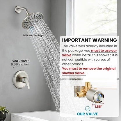 gotonovo Shower Faucet Set with Valve 6 Mode Rain Head Brushed Nickel | Bathroom Shower Head and Handle Set Complete Combo,6 Mode Multi 6’’ ABS Rainfall Showerhead,Brass Valve Trim Kit,Wall Mount