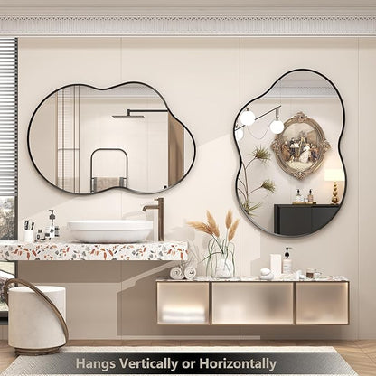 60x32 Black Matte Irregular Wall Mirror, Large Black Asymmetrical Bathroom Mirror, Decorative Aluminum Frame for Bathroom Bedroom, Shatterproof, Anti-Rust (Horizontally/Vertically)