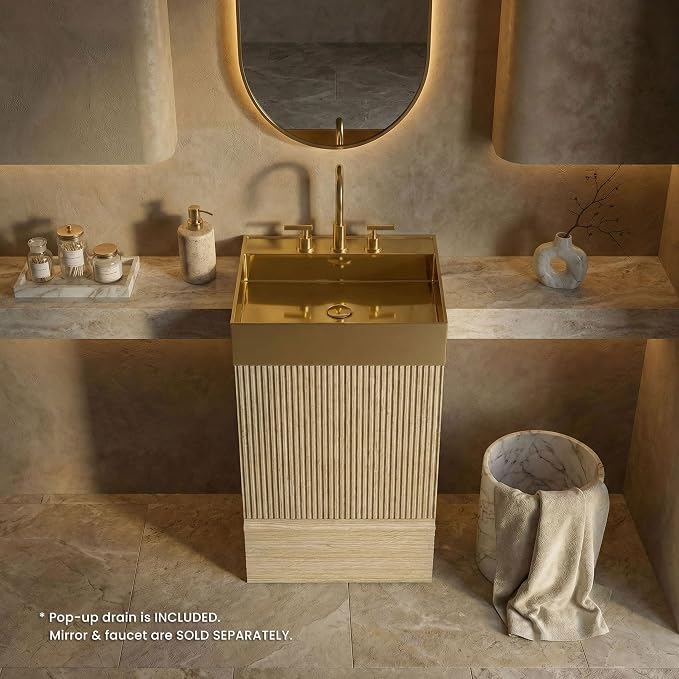 20 inch Bathroom Vanity with Golden Metal Sink, Bath Storage Cabinet with Soft-Closing Door and Drawer, Perfect for Small Space, Powder Room, Hotel, Light Oak
