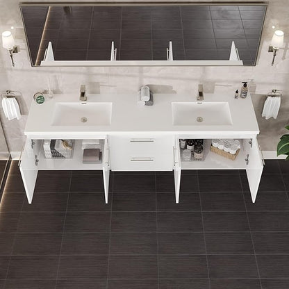 Eviva Lumina 84 in. White Wall Mount Double Sink Bath Vanity with Acrylic Top and Integrated Sinks