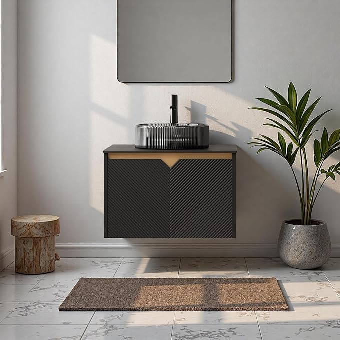 24" Bathroom Vanity with Sink, Wall-Mounted Bathroom Vanity with Transparent Black Round Glass Basin, Modern Plywood Floating Vanity with Twill Double Doors, Bathroom Storage Cabinet, Black