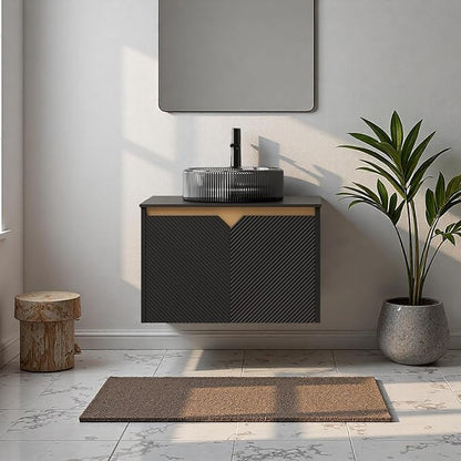 24" Bathroom Vanity with Sink, Wall-Mounted Bathroom Vanity with Transparent Black Round Glass Basin, Modern Plywood Floating Vanity with Twill Double Doors, Bathroom Storage Cabinet, Black
