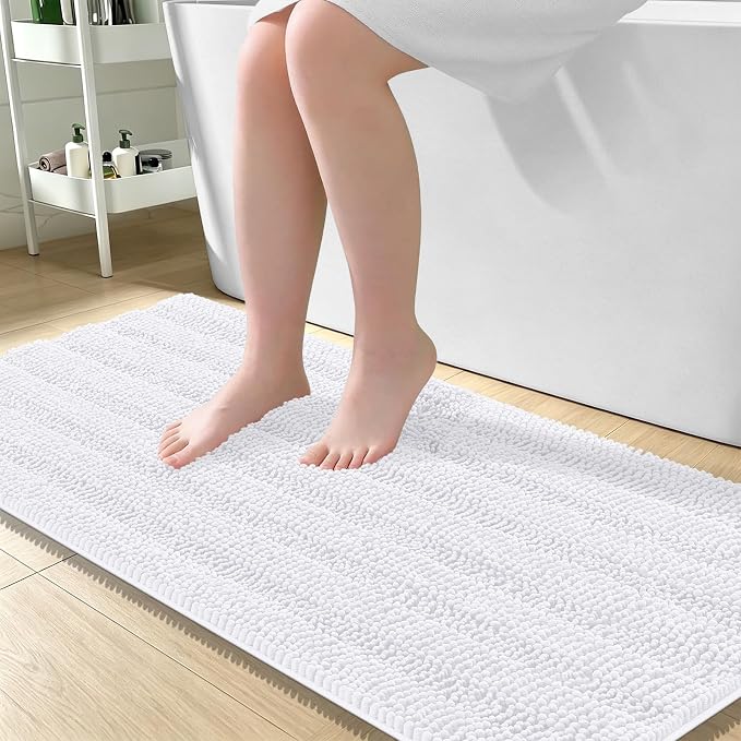OLANLY Thick Large Bathroom Rugs 50x30, Soft Chenille Bath Rugs, White | Absorbent Striped, Rubber Backing, Machine Wash Dry, Bath Mats for Bathroom Floor, Tub and Shower, Home Decor Accessories