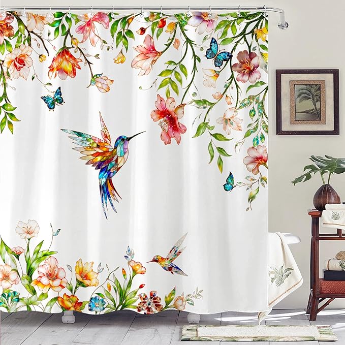 Fowocu Floral Bird Bathroom Shower Curtain Colorful Stained Glass Flower Hummingbird Butterfly Shower Curtains Watercolor Plant Leaf Waterproof Fabric Bath Curtain Decor 72x72 inch