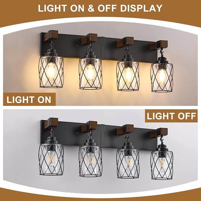 Bathroom Light Fixtures, Farmhouse Black Metal with Glass Shade | 4 Light Rustic Vanity Lights, Wood Accent Wire Cage Design, Mounts Over Mirror, Ideal for Bedroom & Hallway,Easy to Install