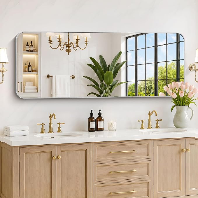 DESBING 60"x24" Bathroom Mirror for Over Sink, Silver Framed Wall Mirror | High-Definition Shatterproof Vanity Mirror with Rounded Corner for Bedroom Living Room Entryway Horizontally or Vertically