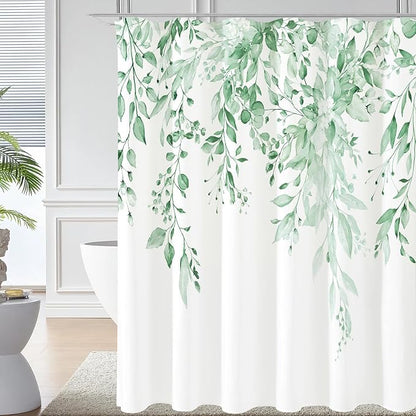 MintGreen Eucalyptus Shower Curtain, Watercolor Floral Print, 72x78 | Watercolor Plant Leaves Floral Print, Waterproof Fabric Bathroom Decor, Machine Washable, Rustproof Grommets